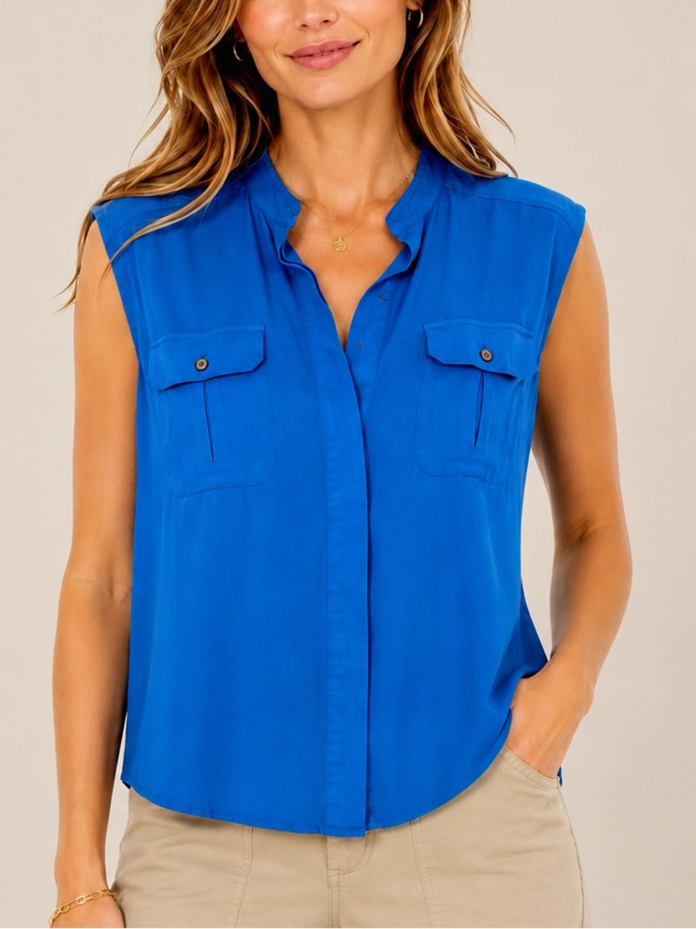 Kenneth Cole New York Sleeveless Button Front Blouse • Bright Blue XL EUC OBO